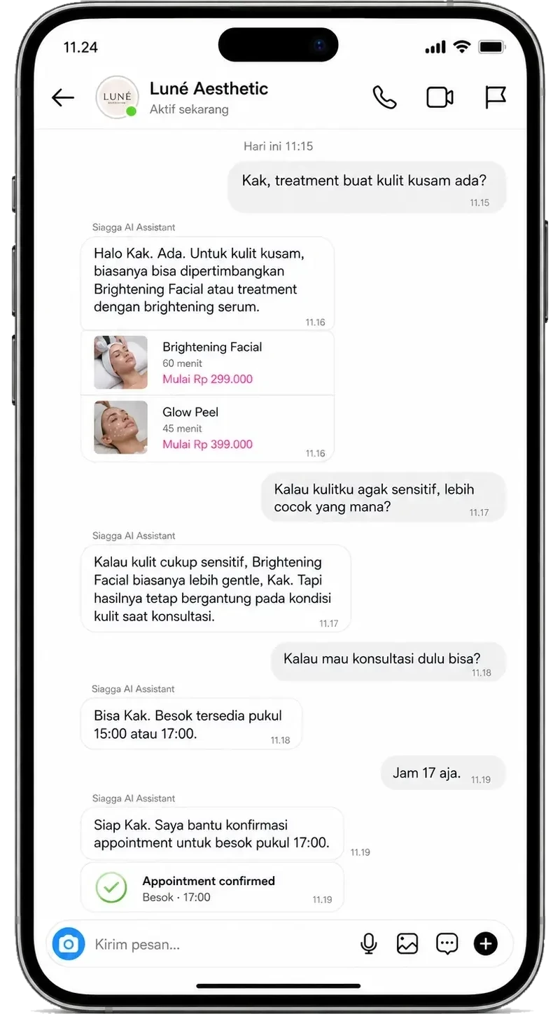 Instagram DM — AI Siagga menjawab pertanyaan perawatan kulit dan mengonfirmasi appointment