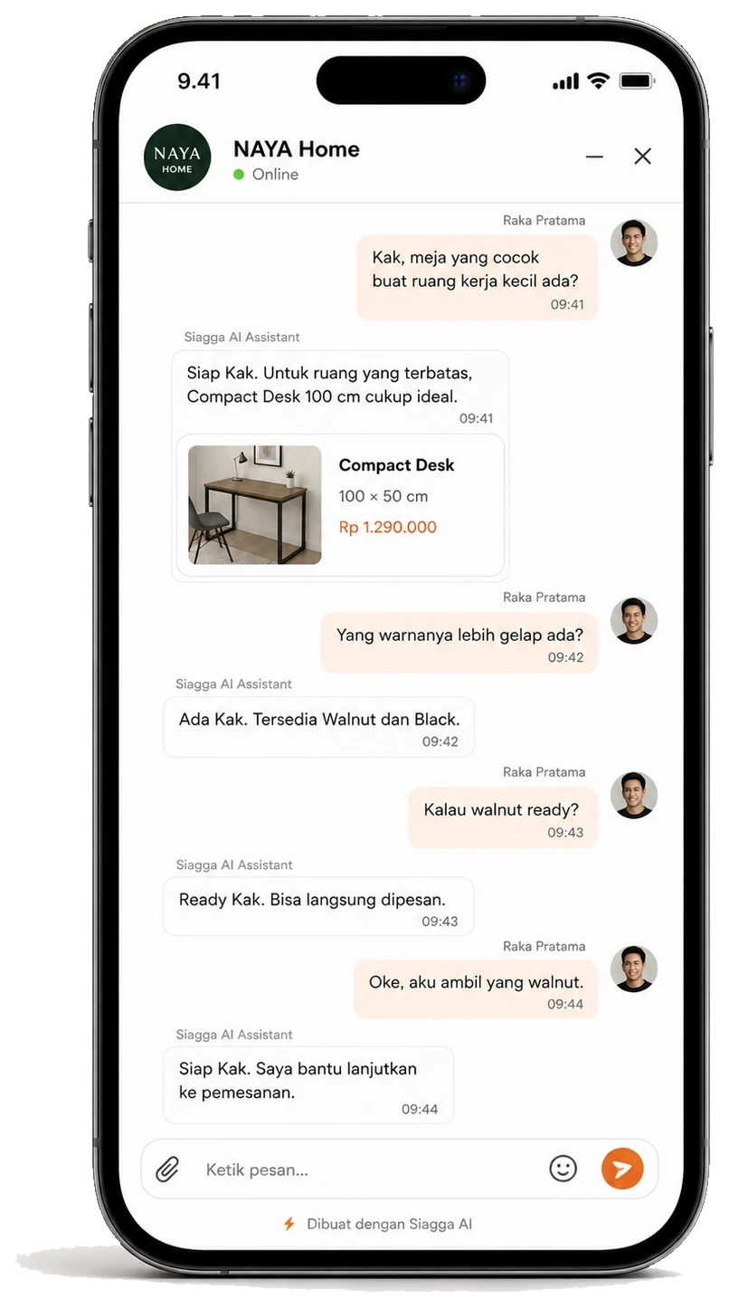 Chat widget website — AI Siagga membantu memilih produk dan melanjutkan ke pemesanan