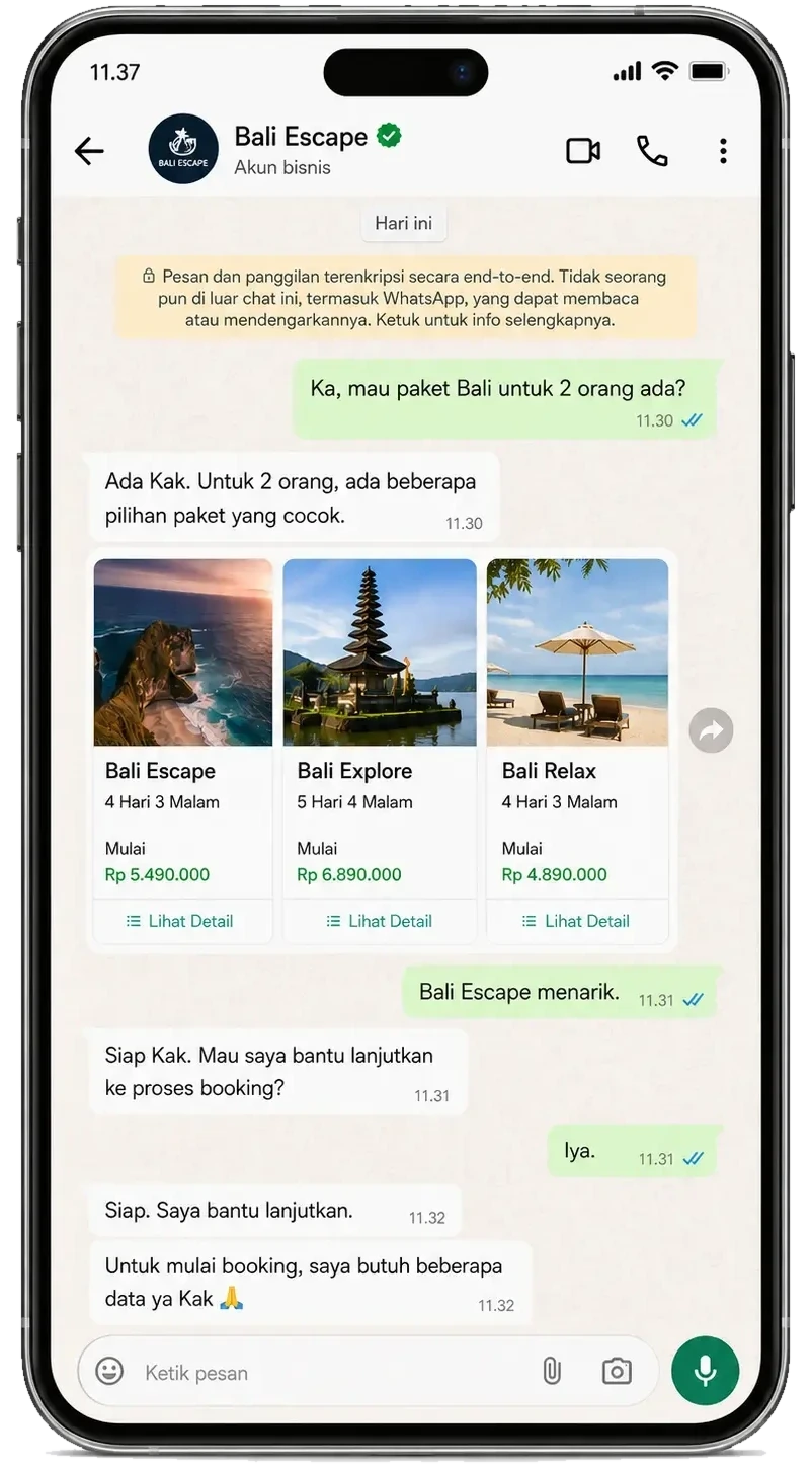 Percakapan WhatsApp — AI Siagga merekomendasikan paket Bali Escape dan melanjutkan ke proses booking