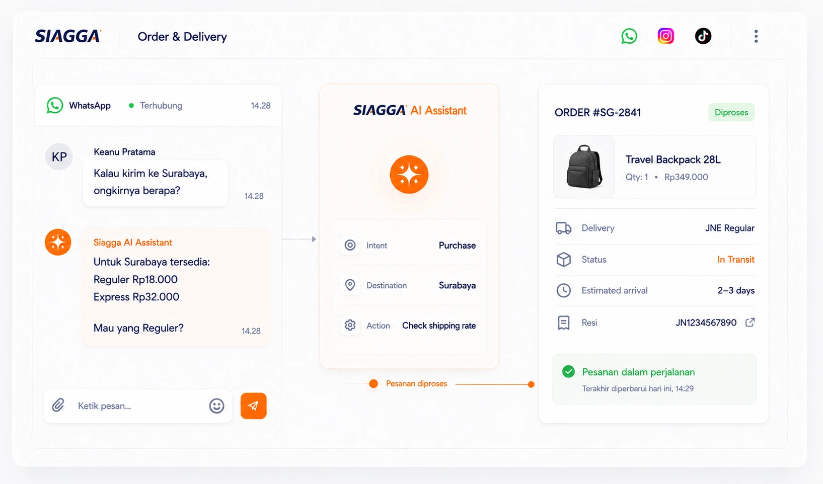 Order & Delivery — cek ongkir, proses pesanan, status pengiriman